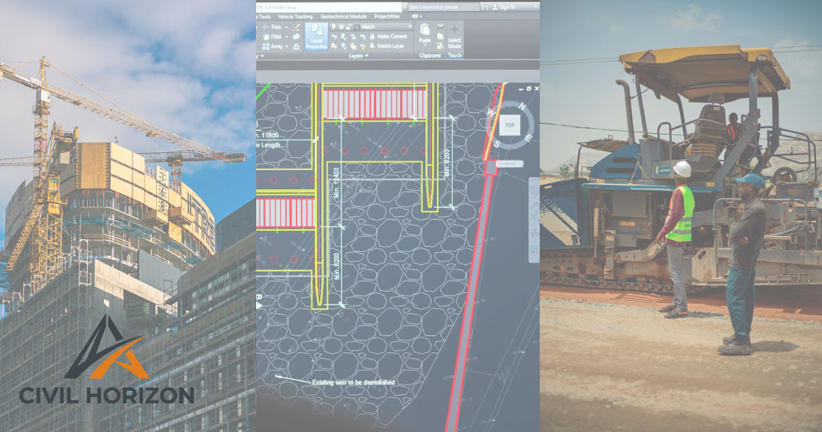 Triptyque représentant le génie civil avec un immeuble en construction, un plan technique CAO et des professionnels du BTP sur un chantier routier.