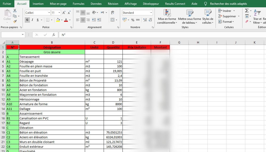 Avant-métré de gros œuvre dans Excel, avec lots terrassement, assainissement et élévation, unités et quantités, prix masqués