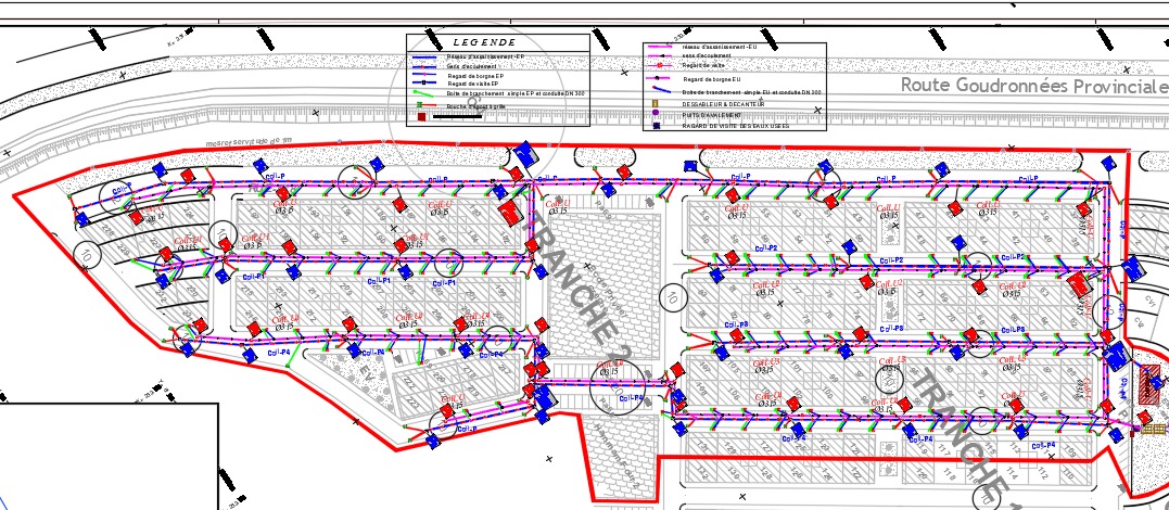 Plan d’assainissement séparatif d’un lotissement : collecteurs eaux pluviales et eaux usées, regards et branchements des lots