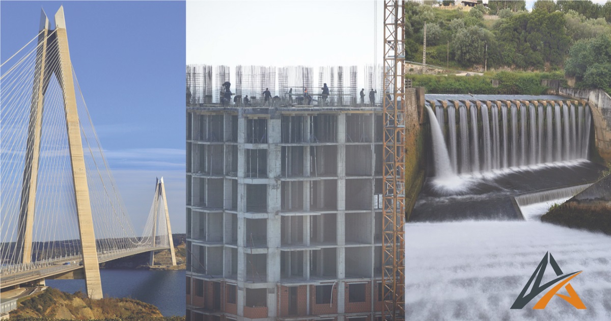 Vue panoramique des spécialisations du génie civil incluant un pont à haubans, un chantier de construction et un barrage hydraulique