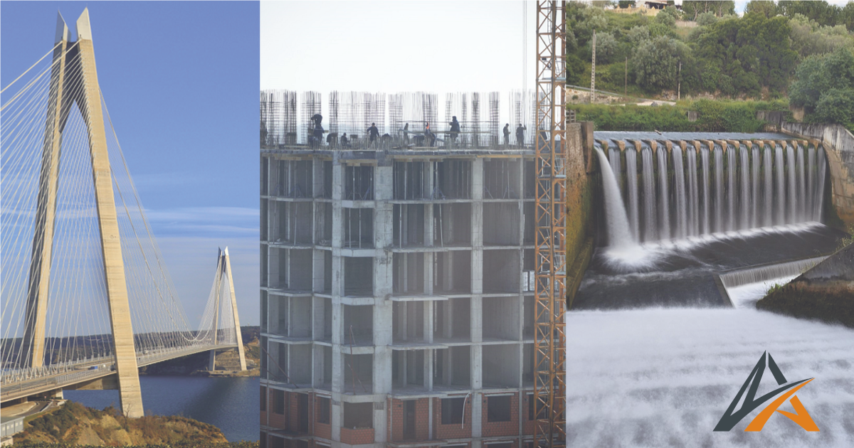 Vue panoramique des spécialisations du génie civil incluant un pont à haubans, un chantier de construction et un barrage hydraulique