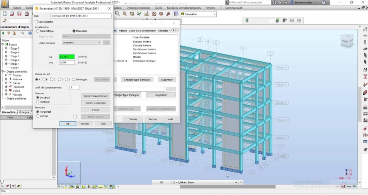 Interface Autodesk Robot montrant un modèle 3D de bâtiment et la fenêtre de paramétrage de l'analyse sismique Eurocode 8