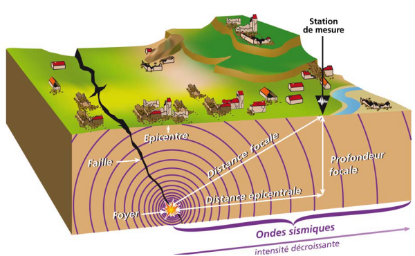 Schéma explicatif de la propagation des ondes sismiques depuis le foyer le long d'une faille jusqu'à la surface