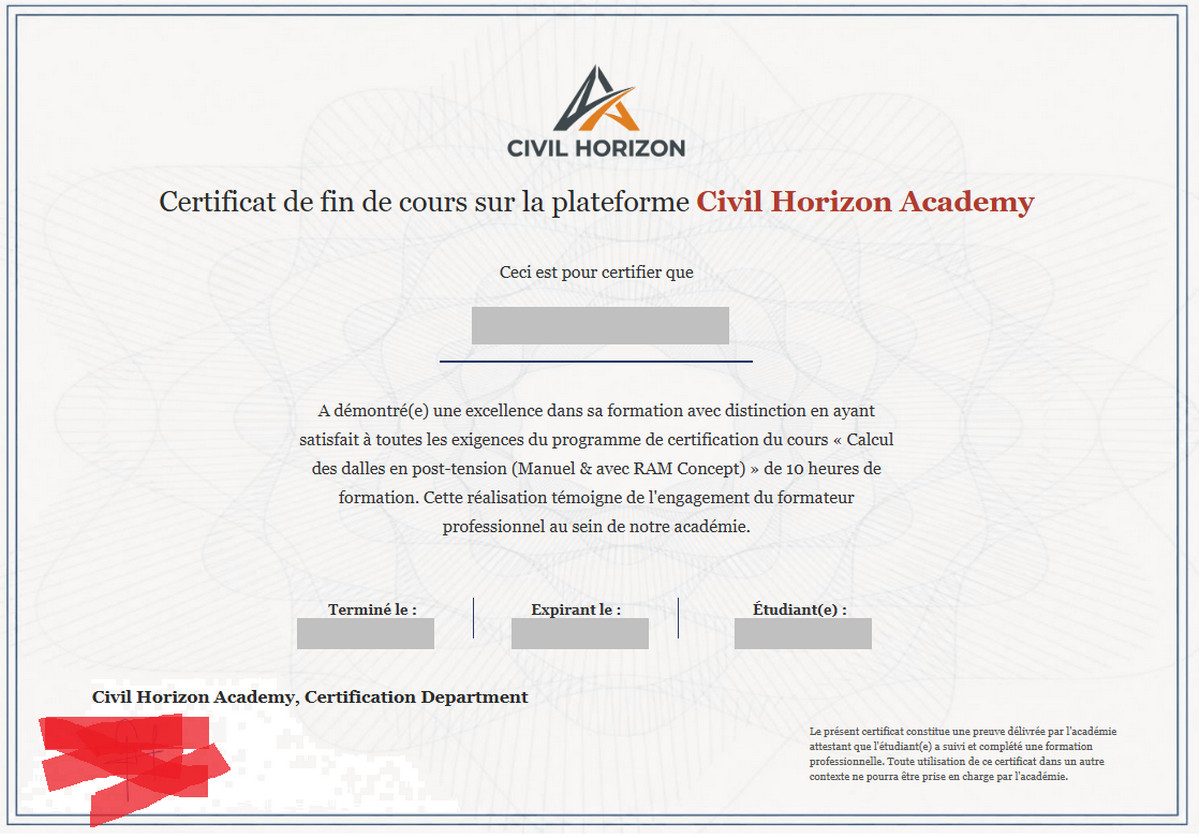 Certificat de fin de cours délivré par Civil Horizon Academy attestant de compétences en formation génie civil