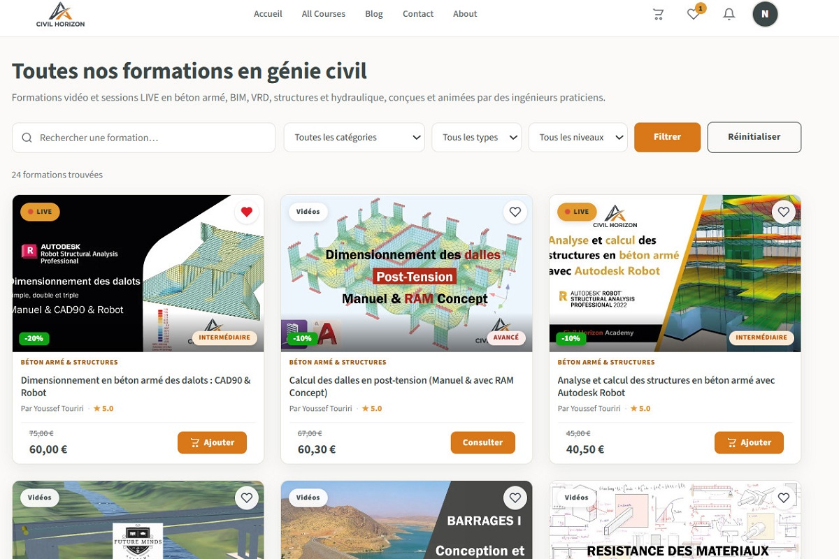 Catalogue en ligne de formation génie civil sur la plateforme Civil Horizon pour étudiants et ingénieurs